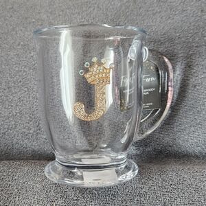 Glass Mug with Monogramed Brooch: Gold Rhinestone Crowned J